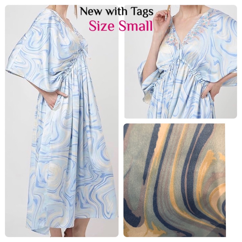 Flowy Blue Marble Bohemian Kaftan Dress NWT